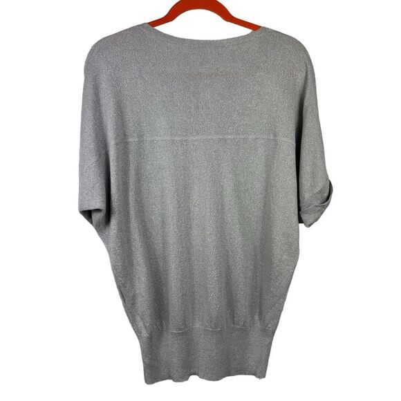 Ellen Tracy Silver Metallic Knit Top Large Short Sleeves V Neck - Picture 2 of 8